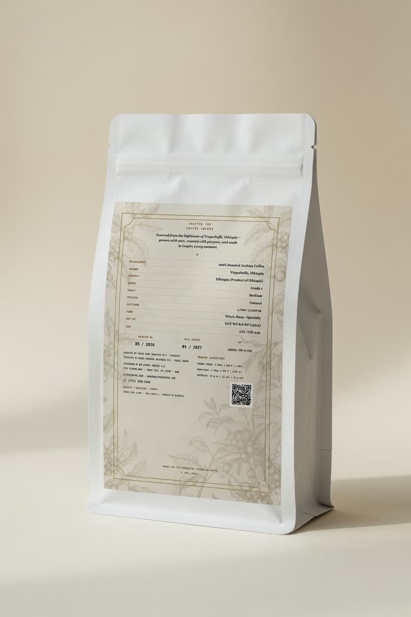 Liyyu matte white coffee bag — Yirgacheffe back label with product facts